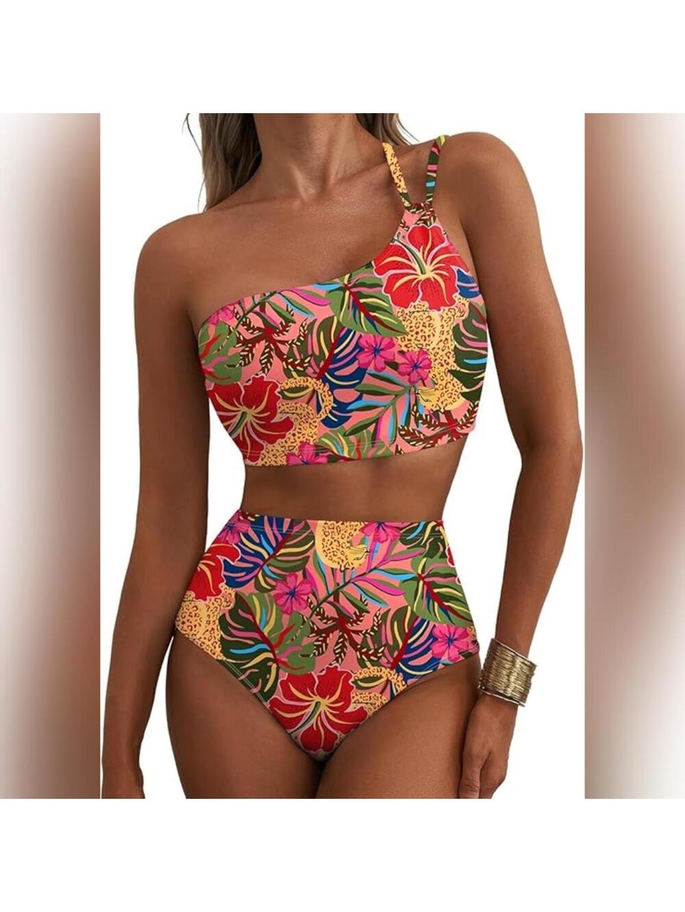 NWOT Herseas High Waisted One Shoulder Floral Print Swimsuit, Large (12-14)